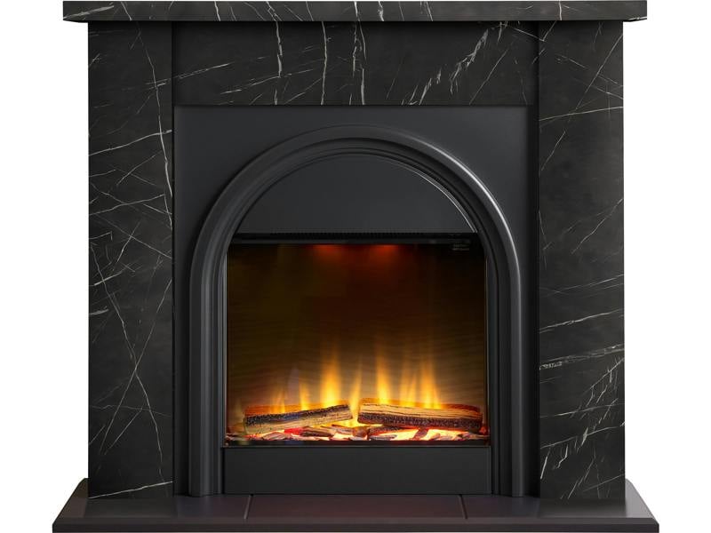 Adam Burlington Electric Fireplace Suite in Black Carrara Marble Effect, 43 Inch