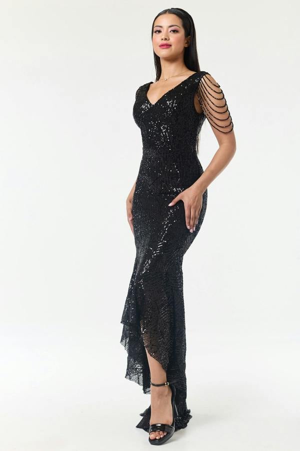 LuvForever Black Jewelled Hi-Lo Sequin Dress