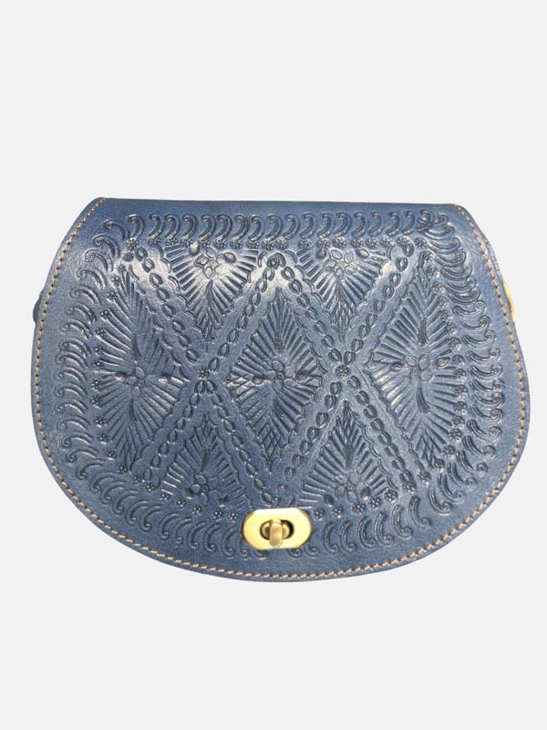 Berber Leather The Temara Embossed Saddle Bag in Navy Blue