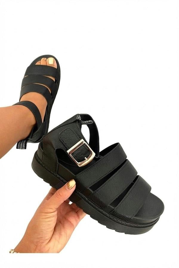Callie Strappy Gladiator Chunky Sandals - Black_wb
