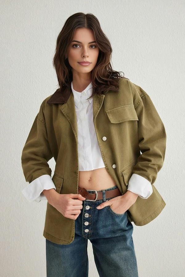 WOVCOR Ribbed Collar Oversize Denim Shirt Jacket with Pocket Flap Detail