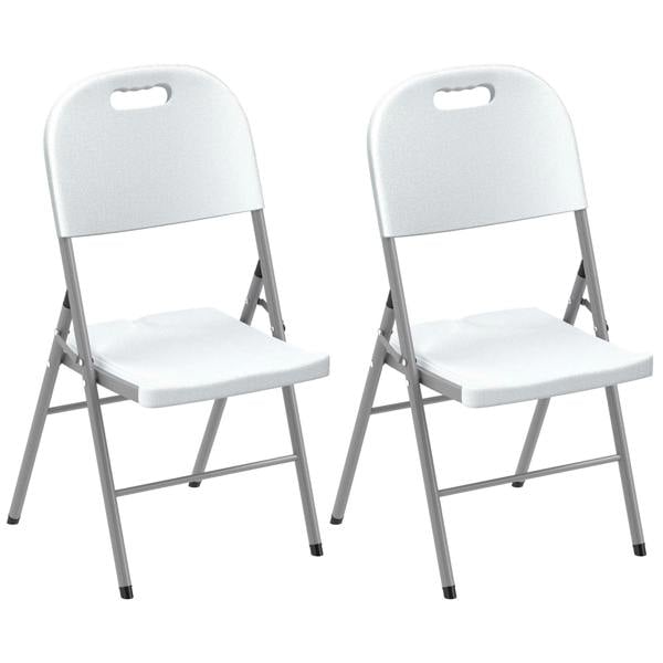 Set of two white foldable outdoor chairs with curved backs and fabric padded seats