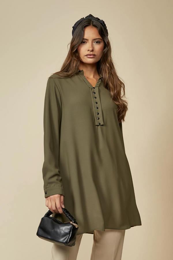 Hoxton Gal Tunic Shirt with Button Details in Khaki