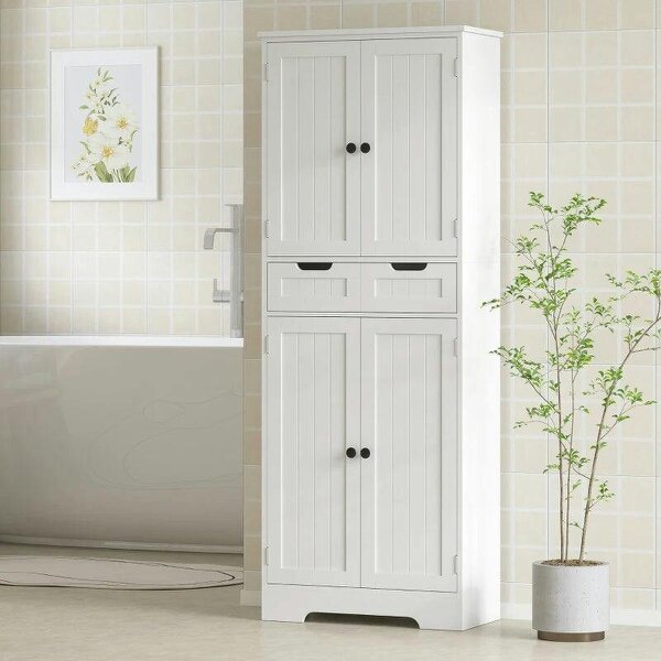 Tall Bathroom Cabinet, Freestanding Bathroom Storage Cabinet with Drawer, Shelves and Doors, 60 x 30 x 160 cm, White
