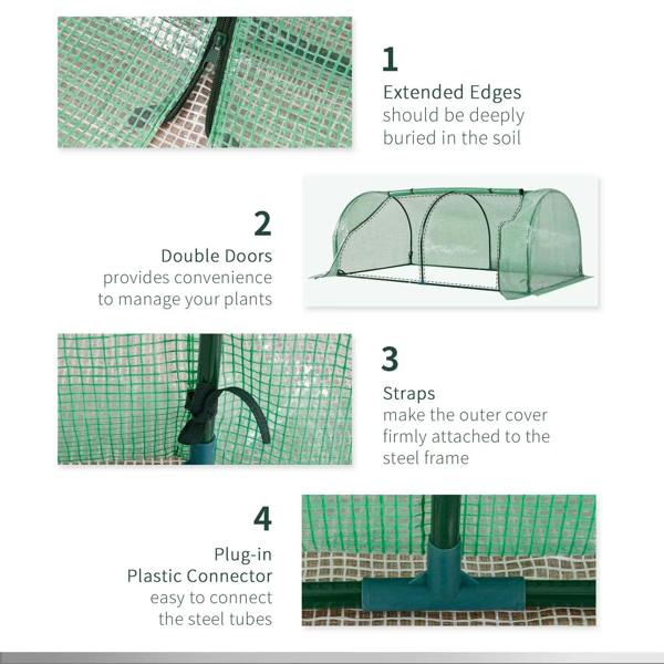 Tunnel greenhouse end details: double doors, cover straps, and plug-in tube connector