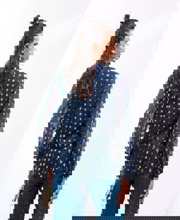 Needs No Label Navy Foil Ruffle Blouse