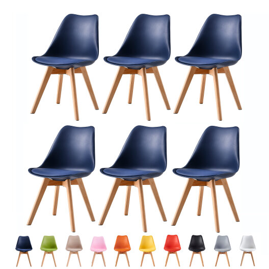 Set of 6 Dining Chairs with Solid Wooden Legs and Seat Cushion Pads Eva - Blue