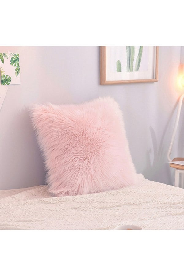 Living and Home Fluffy Faux Wool Pink Cushion Cover