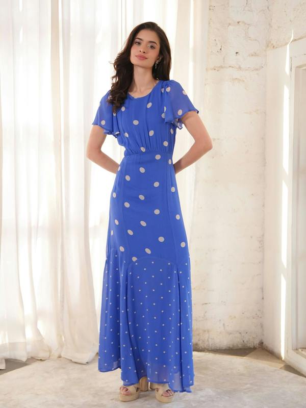 Rose & Nancy Joanna Blue And White Polka Dot Print Frill Sleeve Maxi Dress