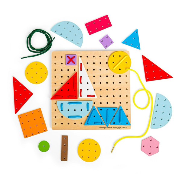 Bigjigs Toys Wooden Geometric Lace-A-Shape Game - Includes 44 Lacing Cards & 6 Laces