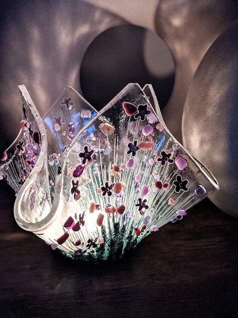 Sienna Glass Handmade Fused Glass Small Tealight Holder – Violet Design