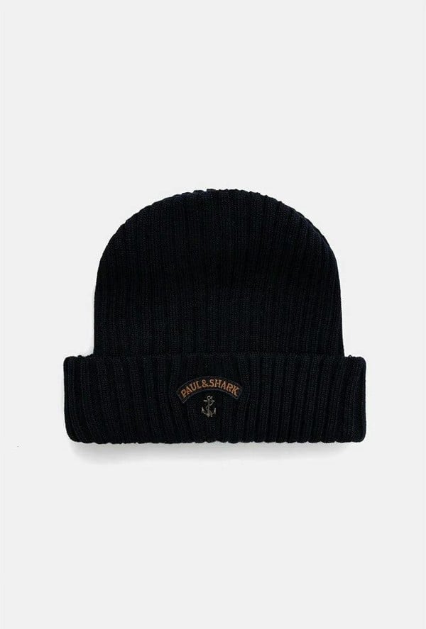 Paul & Shark Ribbed Wool Beanie with Anchor Badge - One Size - Black