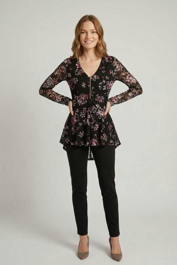 Black | Ditsy Floral Layered Zip V-Neck Top