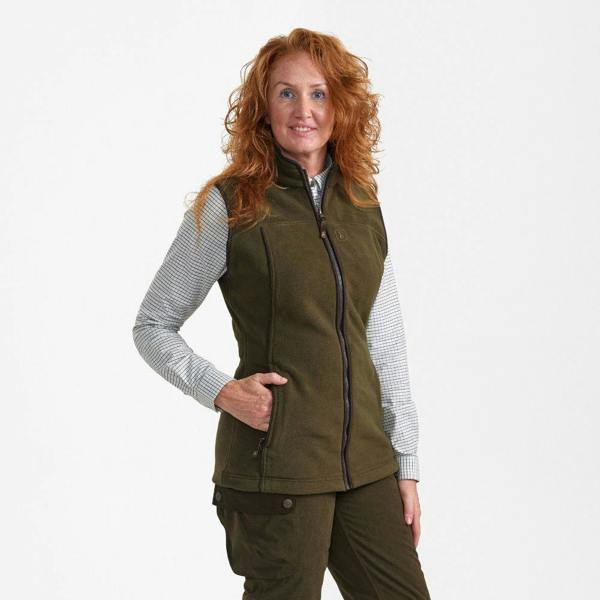 Front angled view of women’s Deerhunter fleece gilet with zip pockets and fitted cut
