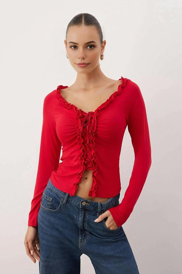 WOVCOR Gathered Long-Sleeved Stretch Knit Blouse