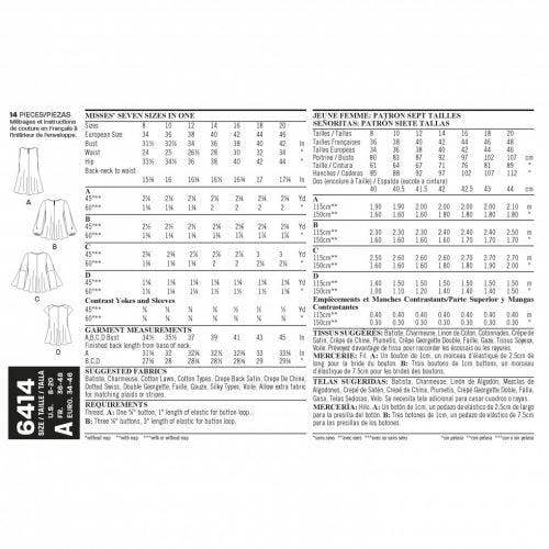 New Look Sewing Pattern 6414, Tops, Tunics for Women, A (8-10-12-14-16-18-20) - Intermediate
