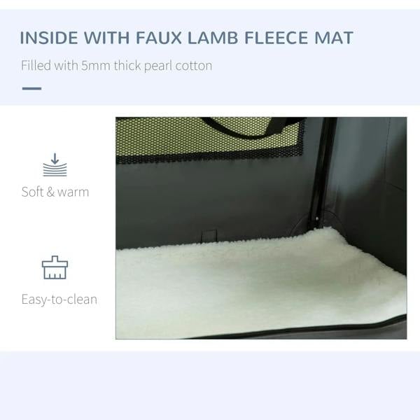 Grey pet carrier interior with faux lamb fleece mat on the padded base