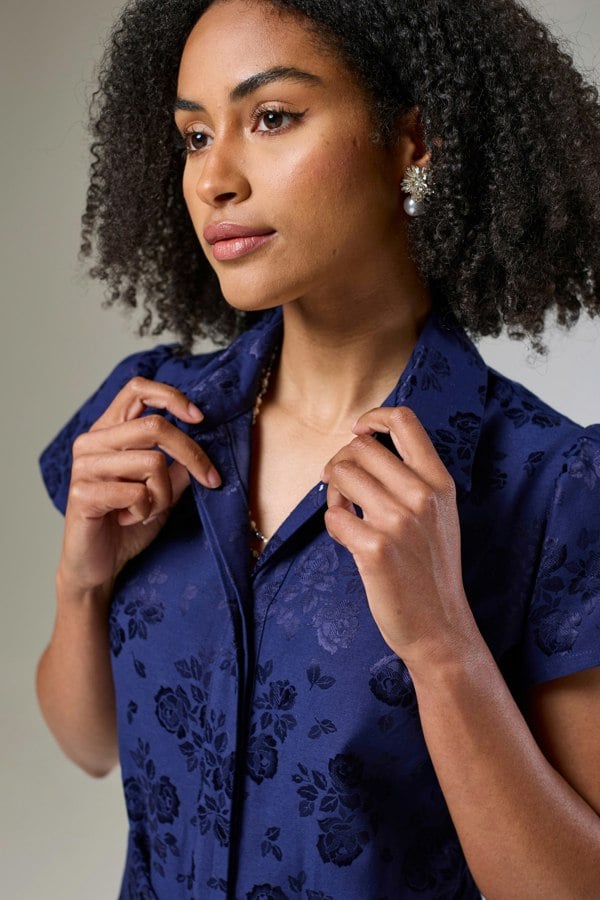 Isha's Timeless collection Royal Blue Petals Short Sleeve Shirt Dress