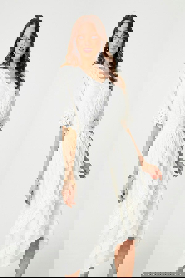 White | Lace Trim 3/4 Sleeve High Low Sundress