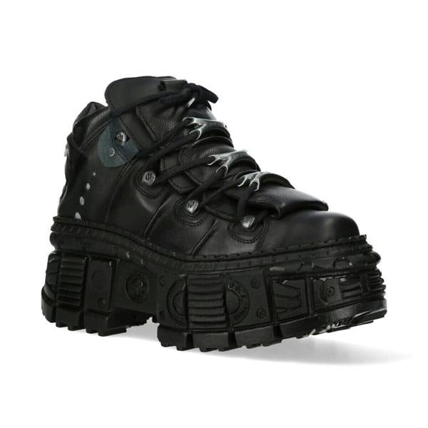 New Rock Metallic Ankle Black Leather Boots-WALL106-S12