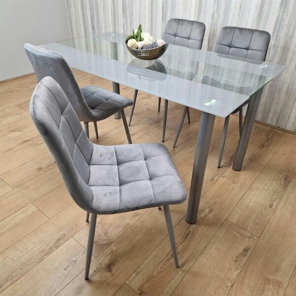 Kosy Koala Dining Table Clear Glass and 4 Velvet Grey Chairs Dining Room Furniture