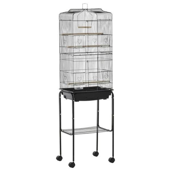 Black bird cage on wheeled stand with slide-out tray and two interior perches