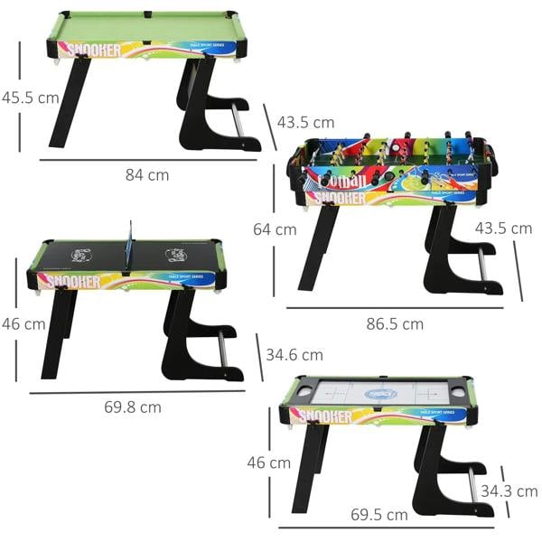 Foldable 4-in-1 gaming table set with detailed dimensions and multi-color surfaces