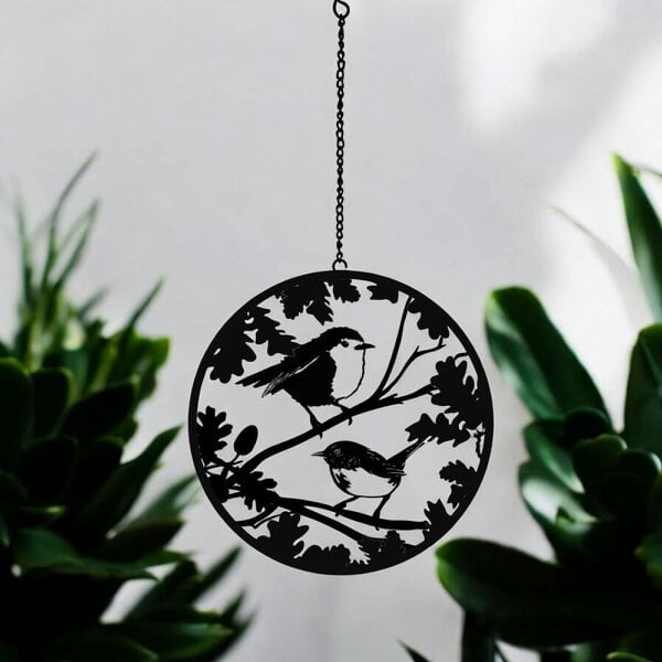 EDH Door Hardware Black Robin & Wren Hanging Mirror Silhouette – 39cm x 23cm | Metal Art Garden Décor | Reflective Hanging Ornament