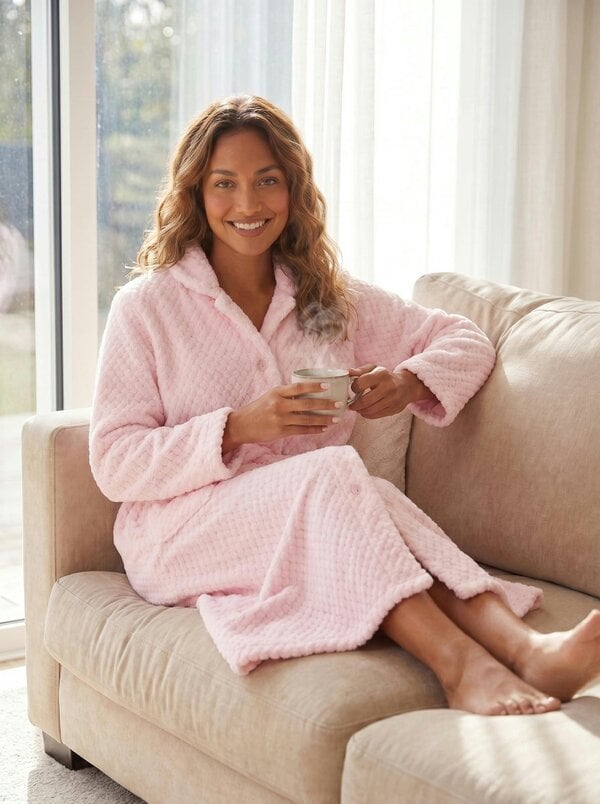 Camille Womens Supersoft Popcorn Textured Fleece Button Up Housecoat
