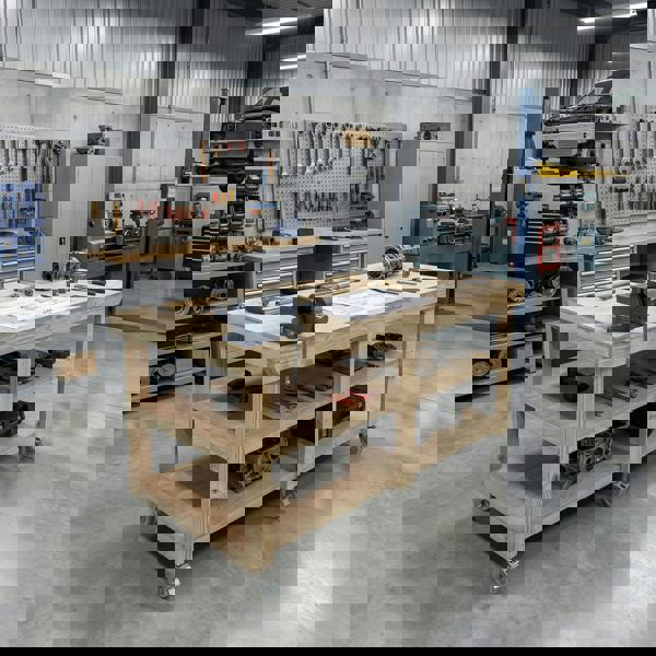 Arbor Garden Solutions Wooden Workbench Eucalyptus Hardwood Top Depth-3ft Double Shelf and Wheels