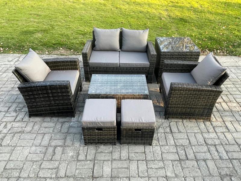 Fimous Outdoor Lounge Sofa Set, Wicker PE Rattan, Coffee Table, Double Seat Sofa, Side Table and 2 Small Footstools, Dark Grey Mixed