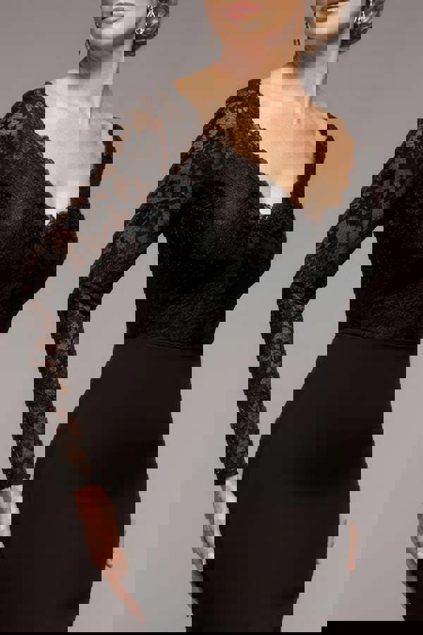 Scalloped Lace Bodice Long Sleeve Bardot Maxi Dress - Black DR4678M