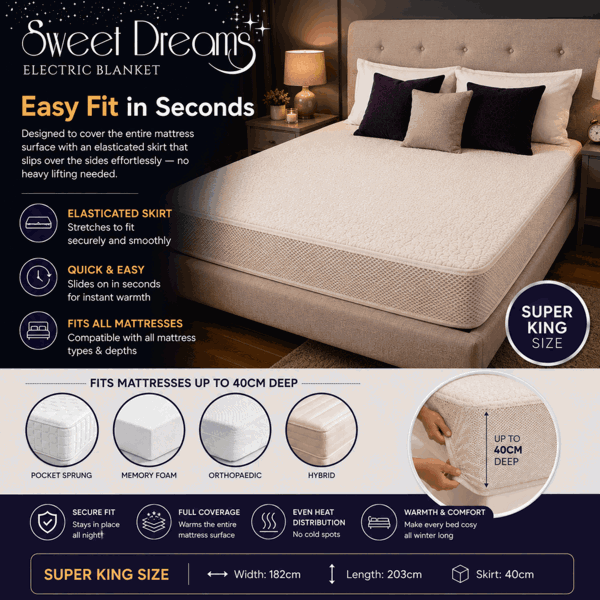 Sweet Dreams Luxury Fleece Electric Blanket Superking Size, Machine Washable Underblanket, Digital Control, Overheat Protection