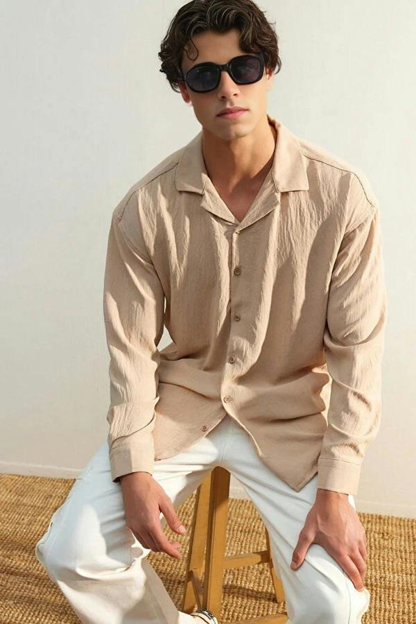 WOVCOR Oversize Fit Open Collar Linen Look Men’s Shirt