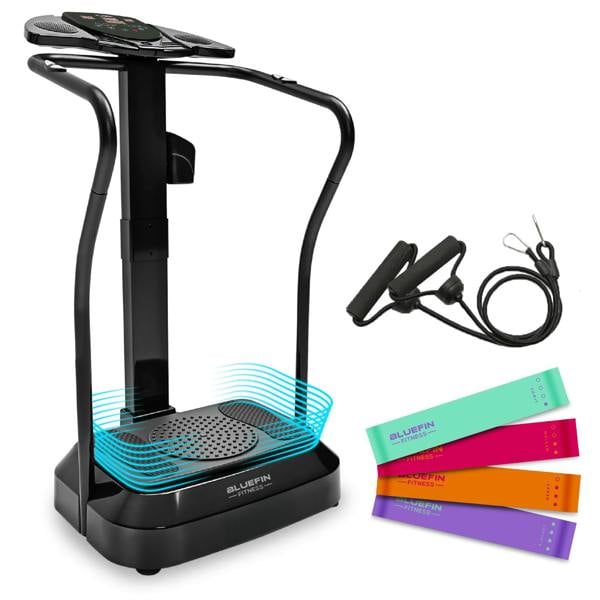 Vibration plate with control panel, resistance bands, and four colored resistance bands beside it