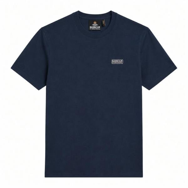 Navy blue Barbour International crew neck t-shirt with a small white logo patch on the chest.