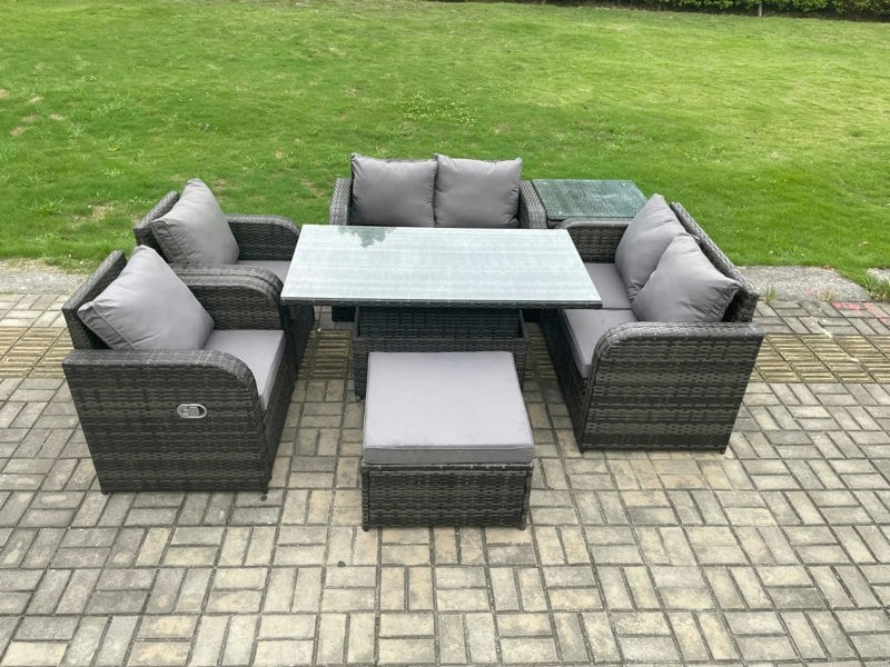Fimous Rattan Furniture Outdoor Garden Dining Set Patio Height Adjustable Rising lifting Table Love Sofa Chair With Side Table Big Footstool