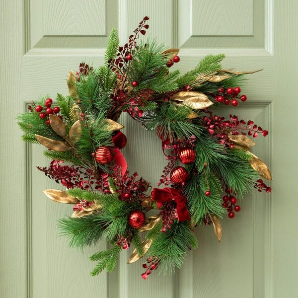 Samuel Alexander 38cm Ruby Velvet Christmas Wreath with Red Baubles, Berries & Bows