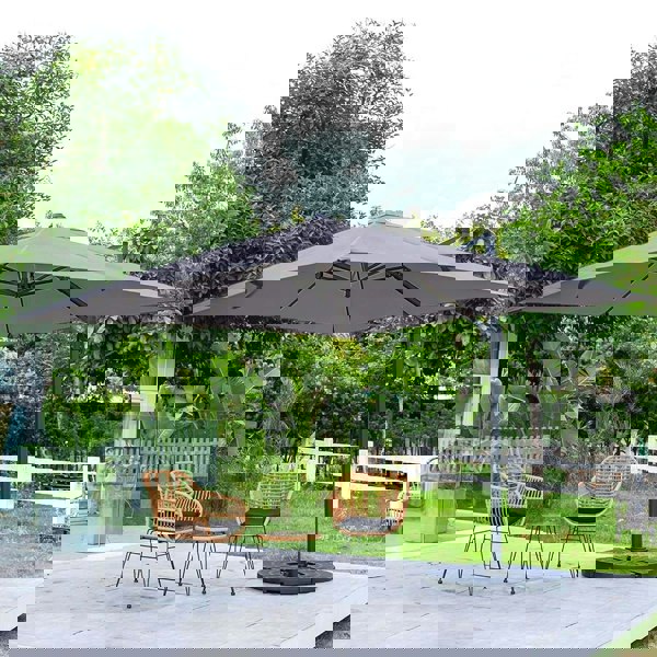 Dark Grey 3 x 3 m Square Cantilever Parasol Outdoor Hanging Umbrella for Garden and Patio Parasols Living and Home Parasol + Cross Base + Round Water Tank