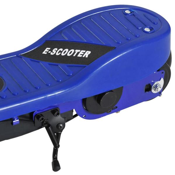 Blue scooter top deck with E-SCOOTER branding and black kickstand hinge