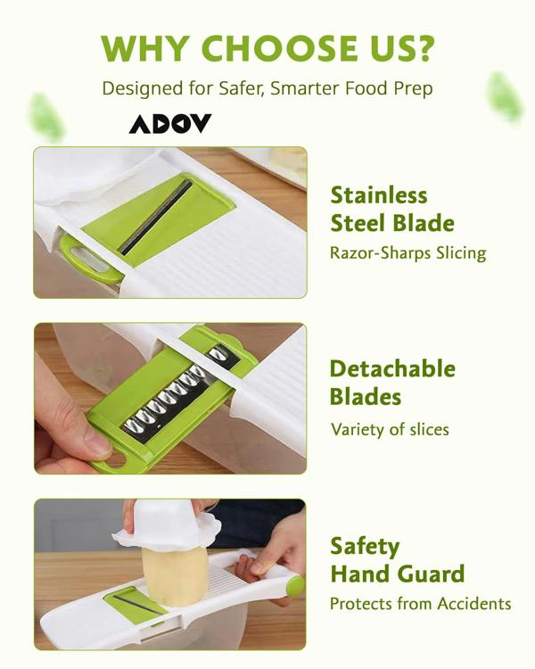 ADOV All in 1 Mandoline Slicer, Fruit and Vegetable Cutter with 8 Stainless Steel Blades, Food Container and Hand Guard