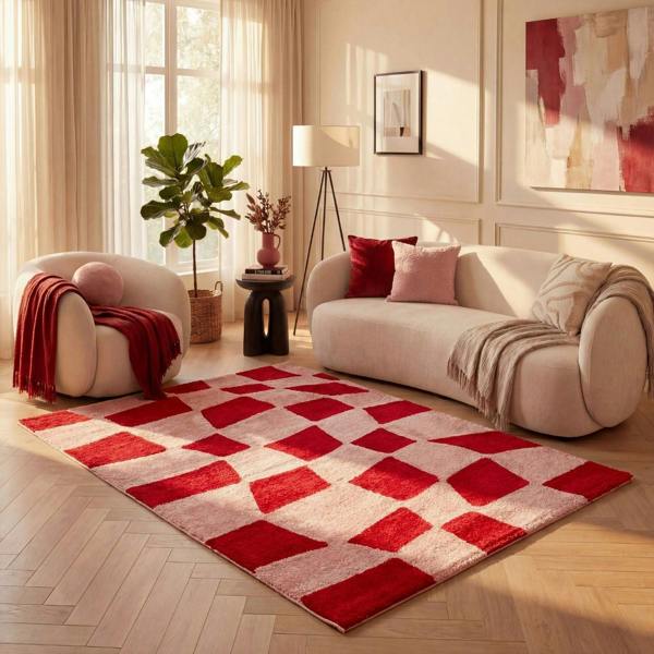 Living room with a red and beige checkered rug, white sofa, and armchair.