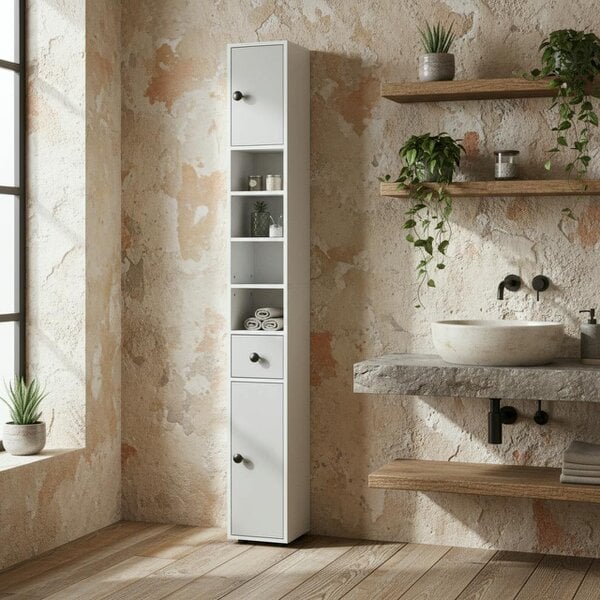 Wyld Haus Pabaha Tall Slim Bathroom Storage Cabinet With Drawers Shelves And Cupboards Light Grey
