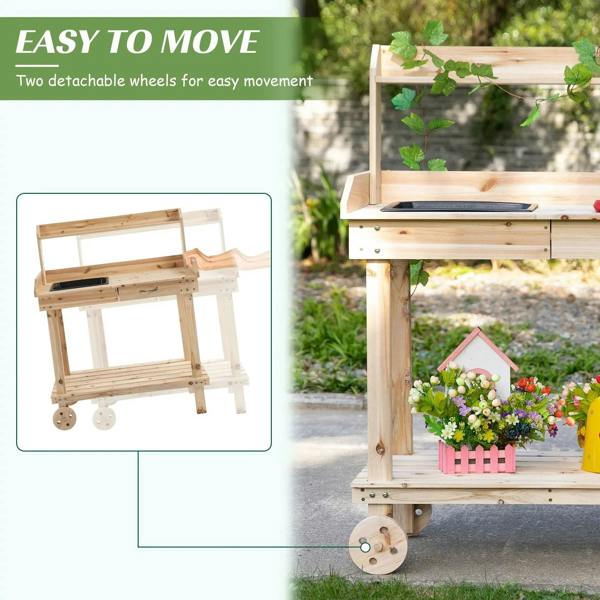 Wood potting bench showing removable two wheels for easy moving and stable worktop