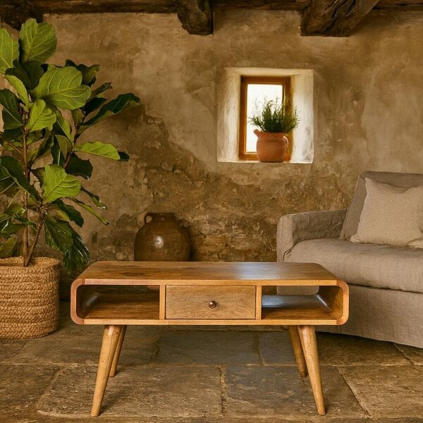 Wyld Haus Urbino Curved Oak Mango Wood Coffee Table 2 Side Drawers Open Shelves