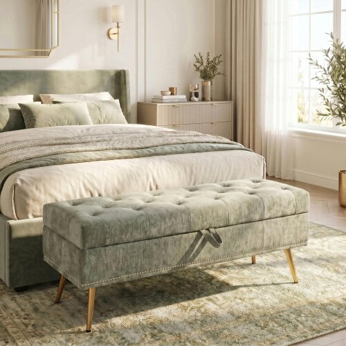 HOMCOM Storage Ottoman, Chenille Ottoman Storage Box - Light Green