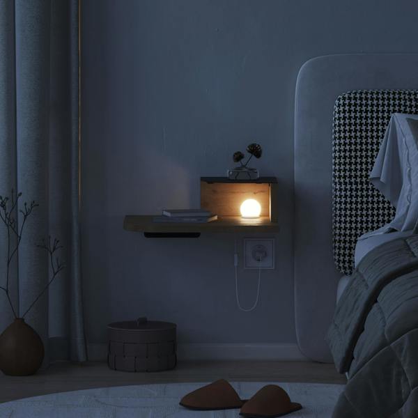 Decortie Floating Bedside Table Modern Corner Design Nightstand 30cm Wall-mounted w/ LED Lamp in 3-tones for Bedroom
