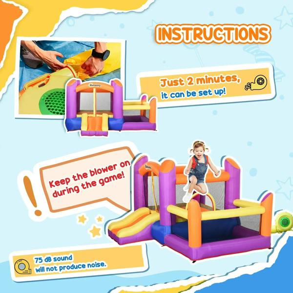 Kids inflatable bounce house with slide and water pool setup instructions and blower use