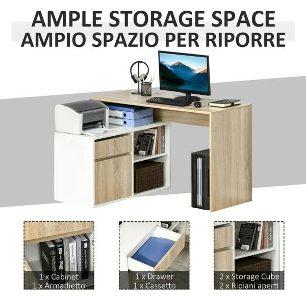 L-shaped corner desk with oak worktop and white storage cabinet with drawers