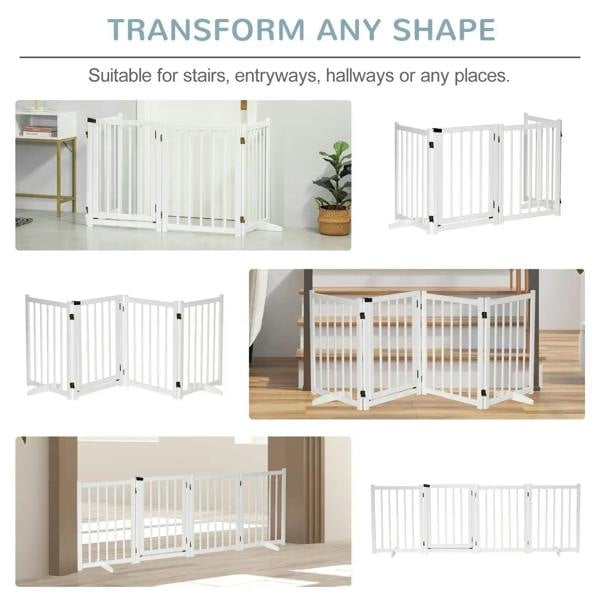 White folding wooden pet gate with vertical bars, shown in multiple room configurations